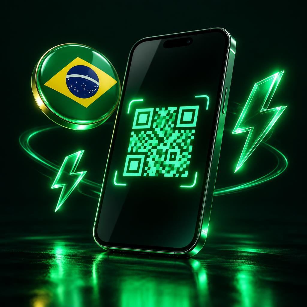 Celular com QR Code PIX e bandeira do Brasil