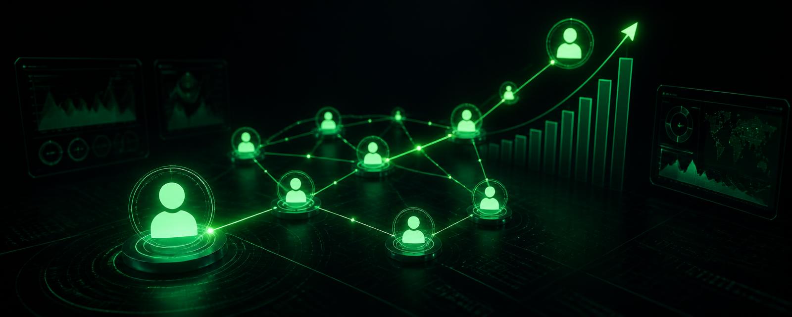 Rede de afiliados conectada com nós luminosos e curva de crescimento