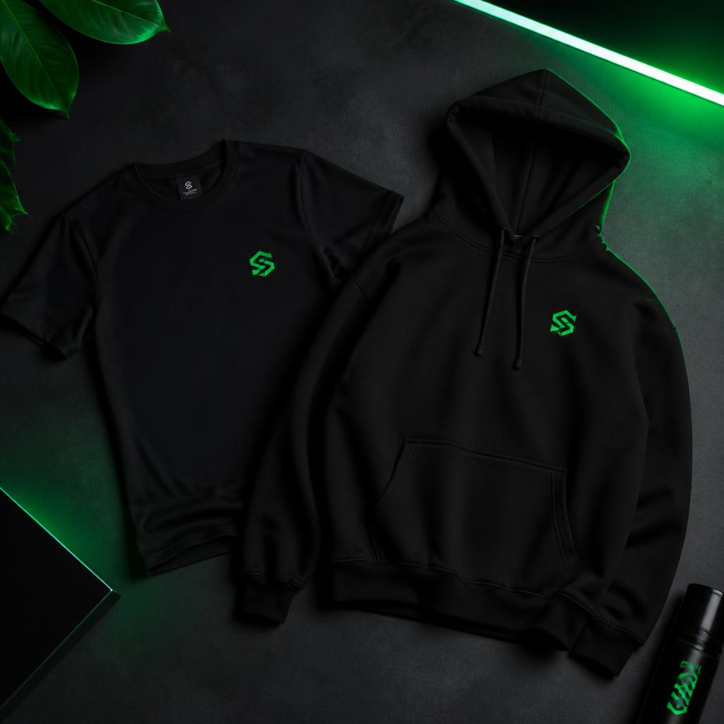 Camiseta e moletom pretos da 1Binex com detalhe em verde neon